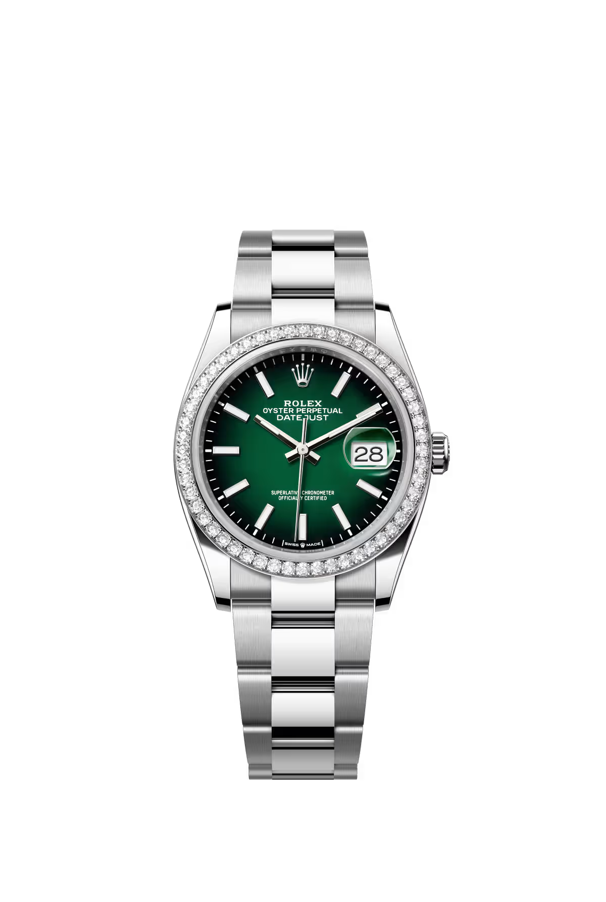 Rolex Stainless Steel And White Gold Datejust - 36 MM - Oyster Bracelet - Diamond Bezel - Green Ombré Dial - 126284RBR-0052