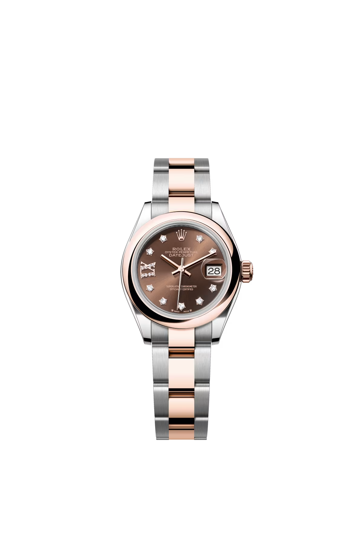 Rolex Lady-Datejust - 28 MM - Oystersteel and Rose Gold - Oyster Bracelet - Smooth Bezel - Chocolate IX Star Diamond Dial - 279161-0004