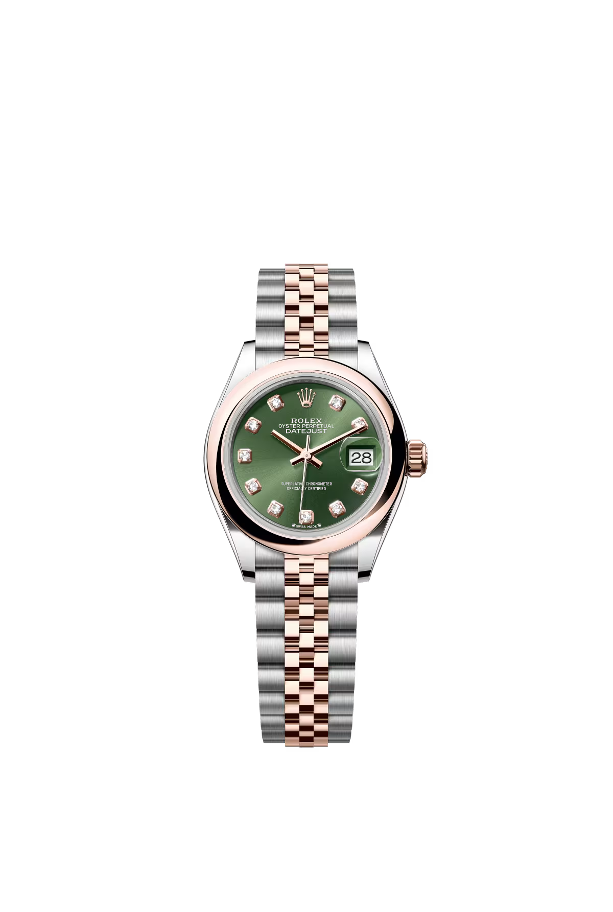 Rolex Lady-Datejust - 28 MM - Oystersteel and Rose Gold - Jubilee Bracelet - Smooth Bezel - Green Diamond Dial - 279161-0007