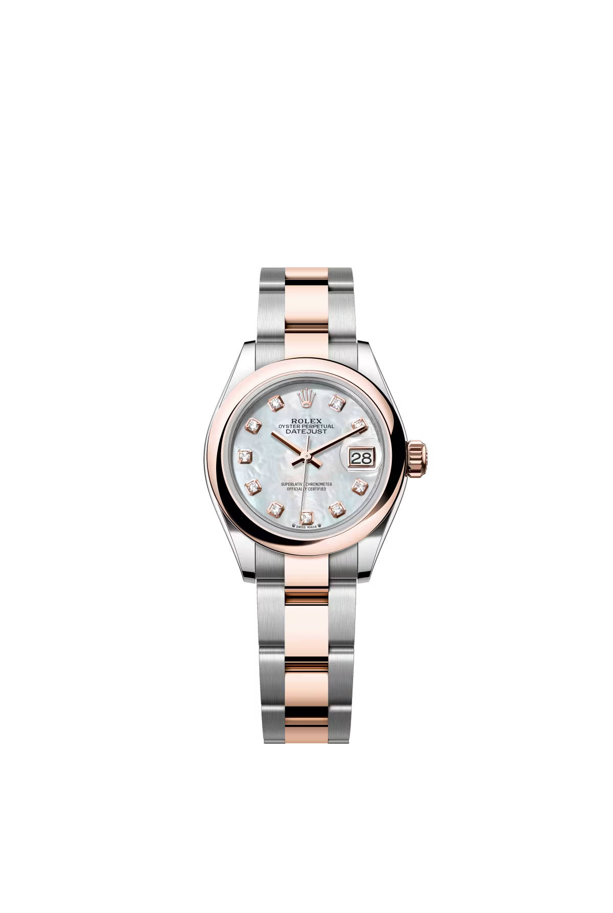 Rolex Lady-Datejust - 28 MM - Oystersteel and Rose Gold - Oyster Bracelet - Smooth Bezel - Mother of Pearl Diamond Dial - 279161-0014