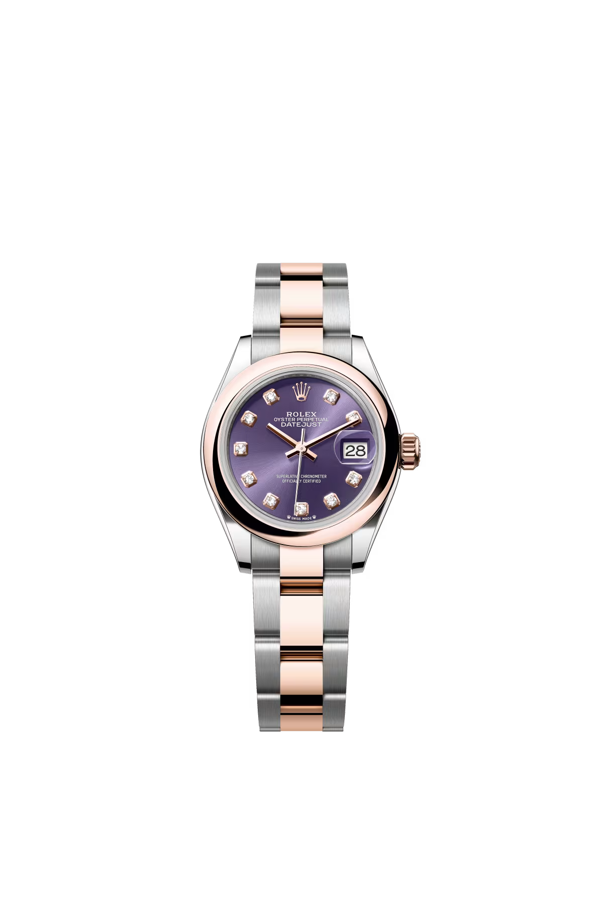 Rolex Lady-Datejust - 28 MM - Oystersteel and Rose Gold - Oyster Bracelet - Smooth Bezel - Purple Diamond Dial - 279161-0016