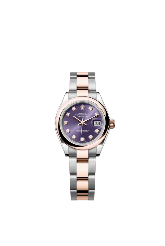 Rolex Lady-Datejust - 28 MM - Oystersteel and Rose Gold - Oyster Bracelet - Smooth Bezel - Purple Diamond Dial - 279161-0016