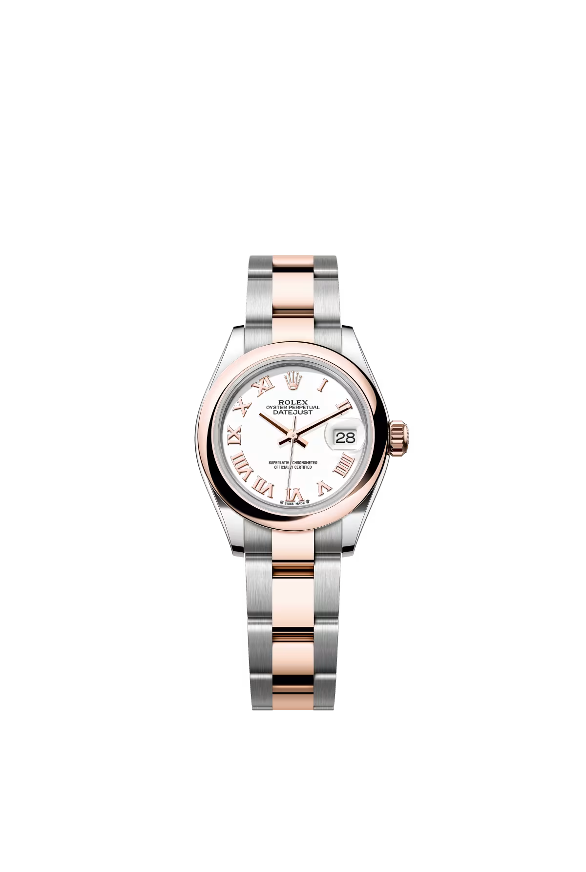 Rolex Lady-Datejust - 28 MM - Oystersteel and Rose Gold - Oyster Bracelet - Smooth Bezel - White Roman Dial - 279161-0022