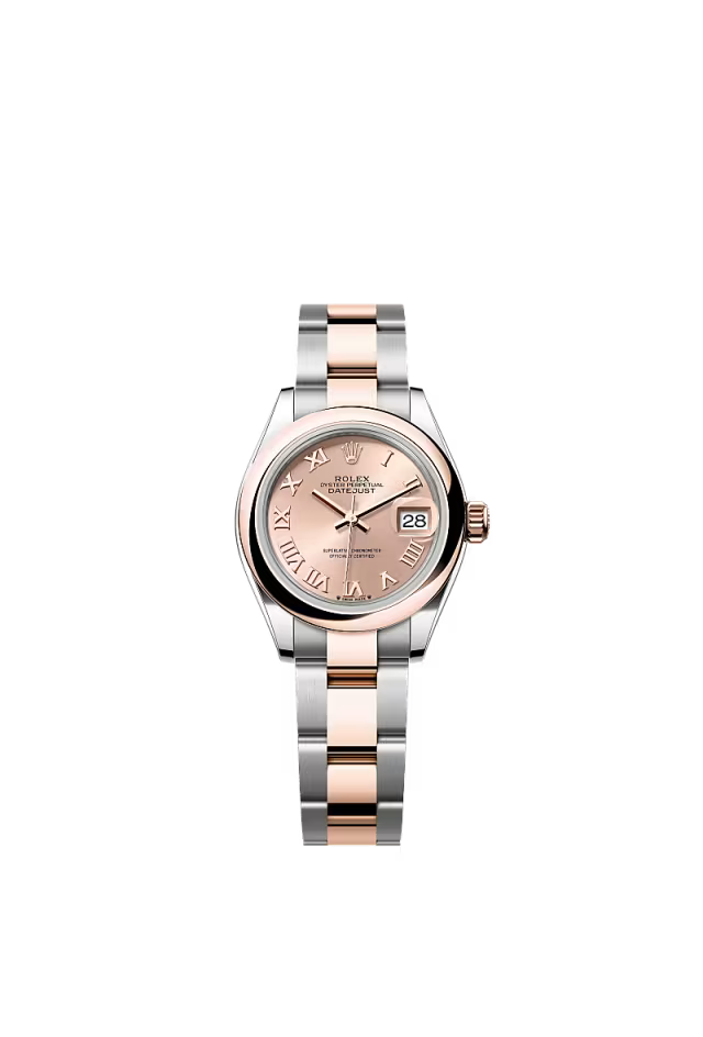 Rolex Lady-Datejust - 28 MM - Oystersteel and Rose Gold - Oyster Bracelet - Smooth Bezel - Rose Roman Dial - 279161-0026