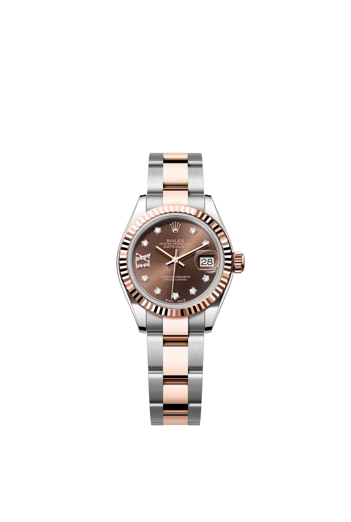 Rolex Lady-Datejust - 28 MM - Oystersteel and Rose Gold - Oyster Bracelet - Fluted Bezel - Chocolate IX Star Diamond Dial - 279171-0004
