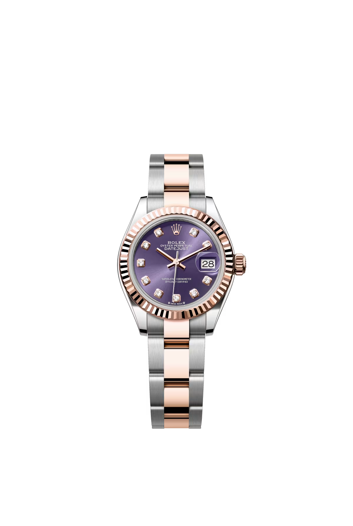 Rolex Lady-Datejust - 28 MM - Oystersteel and Rose Gold - Oyster Bracelet - Fluted Bezel - Purple Diamond Dial - 279171-0016