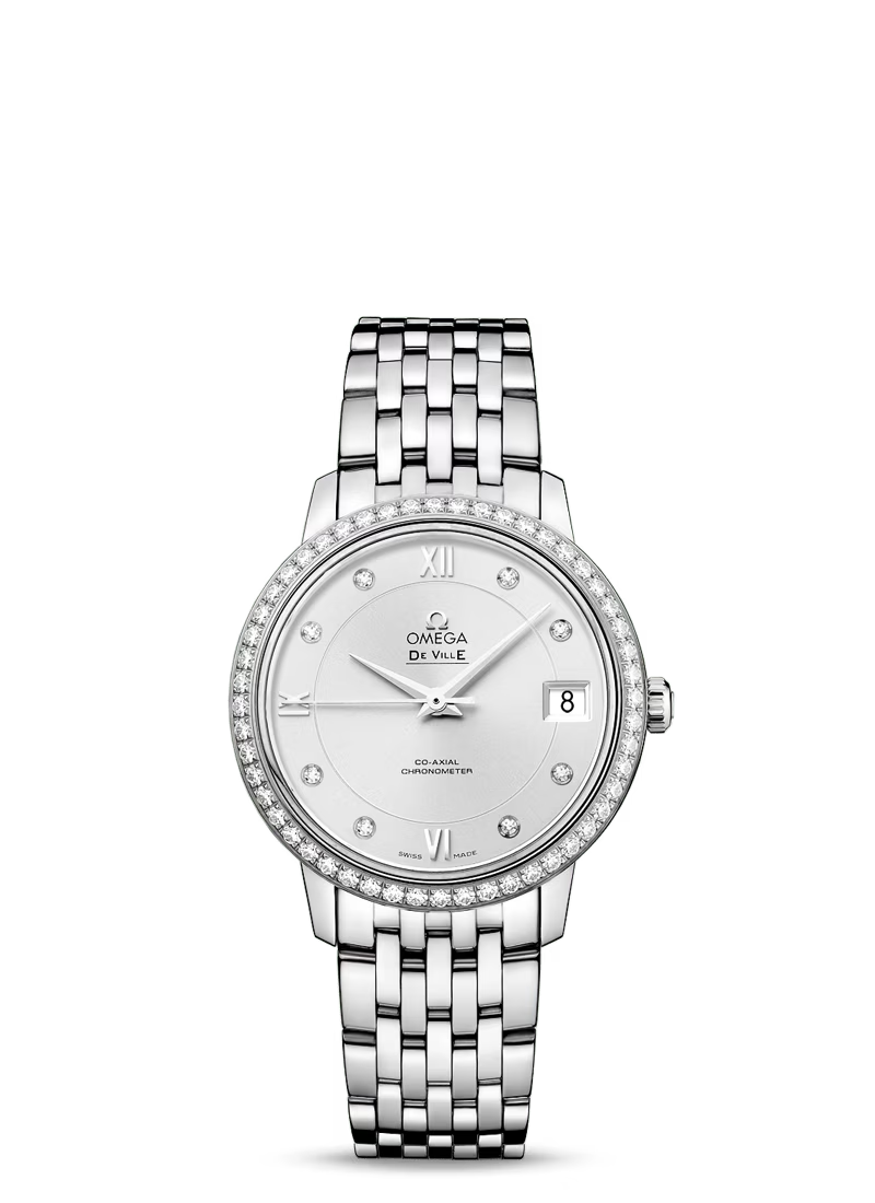 Omega De Ville Stainless Steel 32.7 MM - Stainless Steel Bracelet - Diamond Bezel - Silver Diamond Dial - 424.15.33.20.52.001 nyc watcher nyc watches