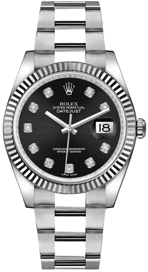 Rolex Stainless Steel And White Gold Datejust - 36 MM - Oyster Bracelet - Fluted Bezel - Black Diamond Dial - 116234-0132