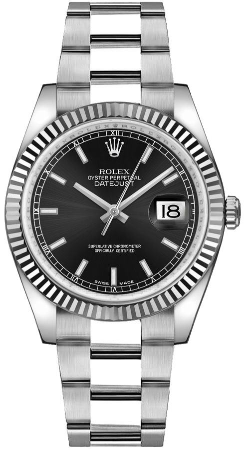 Rolex Stainless Steel And White Gold Datejust - 36 MM - Oyster Bracelet - Fluted Bezel - Black Index Dial - 116234 blso