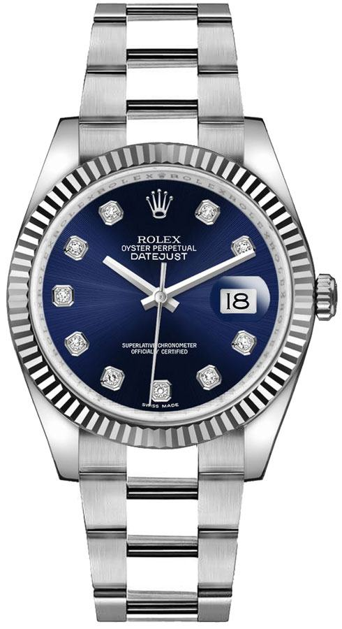 Rolex Stainless Steel And White Gold Datejust - 36 MM - Oyster Bracelet - Fluted Bezel - Blue Diamond Dial - 116234-0134