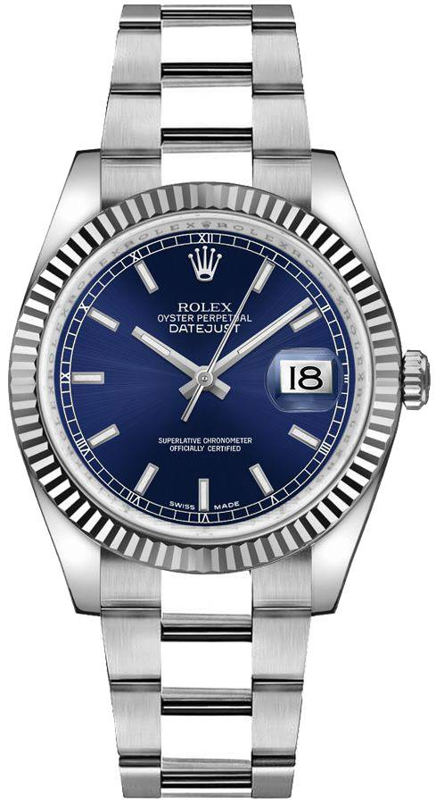 Rolex Stainless Steel And White Gold Datejust - 36 MM - Oyster Bracelet - Fluted Bezel - Blue Index Dial - 116234-0128