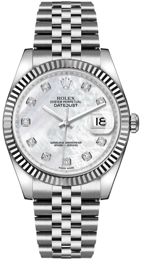 Rolex Stainless Steel And White Gold Datejust - 36 MM - Jubilee Bracelet - Fluted Bezel - Mother of Pearl Diamond Dial - 116234-0078
