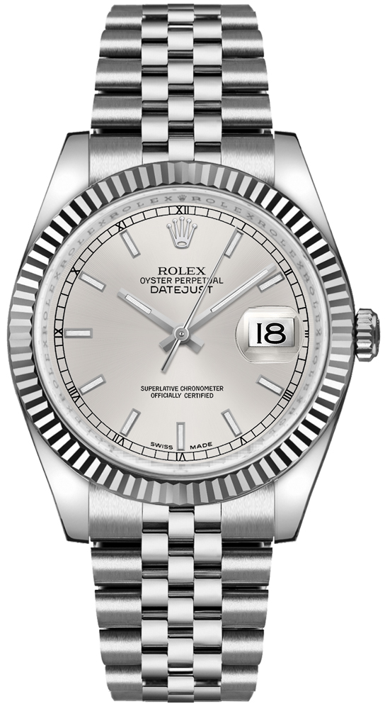Rolex Stainless Steel And White Gold Datejust - 36 MM - Jubilee Bracelet - Fluted Bezel - Silver Dial - 116234 sls