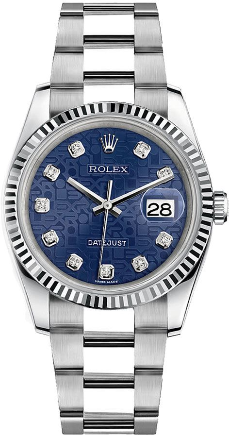 Rolex Stainless Steel And White Gold Datejust - 36 MM - Oyster Bracelet - Fluted Bezel - Blue Jubilee Diamond Dial - 116234-0123