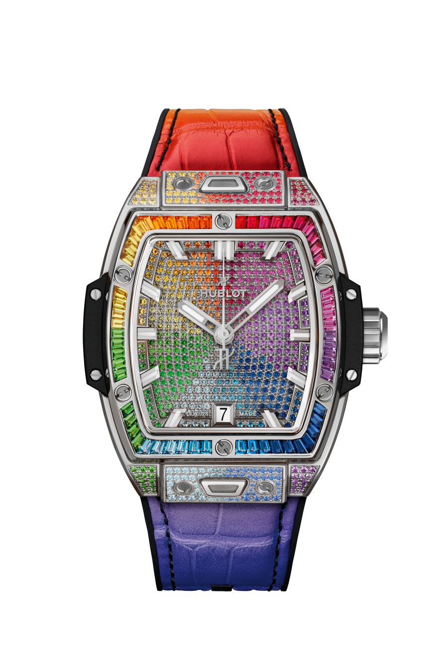 Hublot Spirit of Big Bang Titanium Rainbow 39 MM - Black Rubber and Multicolored Alligator Leather Straps - Diamond Bezel - Colored Gemstones Dial - 662.NX.9900.LR.0999