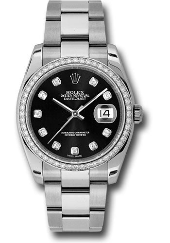 Rolex Stainless Steel And White Gold Datejust - 36 MM - Oyster Bracelet - Diamond Bezel -Black Diamond Dial - 116244 bkdo