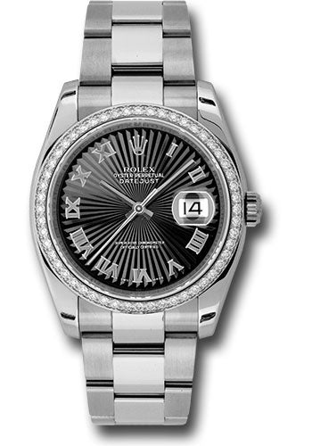 Rolex Stainless Steel And White Gold Datejust - 36 MM - Oyster Bracelet - Diamond Bezel - Black Sunbeam Roman Dial - 116244 bksbro