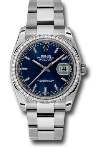 Rolex Stainless Steel And White Gold Datejust - 36 MM - Oyster Bracelet - Diamond Bezel - Blue Index Dial - 116244 blio