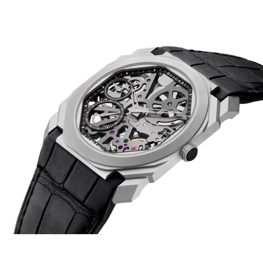 Bvlgari Octo Finissimo - Titanium 40 MM - Black Leather Strap - Grey Skeleton Dial - Titanium Bezel - 102714