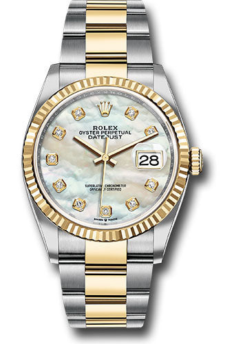 Rolex Stainless Steel And Yellow Gold Datejust - 36 MM - Oyster Bracelet - Fluted Bezel -White Mother-Of-Pearl Diamond Dial - 126233 mdo