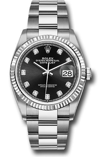 Rolex Stainless Steel And White Gold Datejust - 36 MM - Oyster Bracelet - Fluted Bezel - Black Diamond Dial - 126234 bkdo