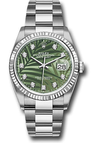 Rolex Stainless Steel And White Gold Datejust - 36 MM - Oyster Bracelet - Fluted Bezel - Olive Green Palm Motif Diamond Dial - 126234 ogpmdo