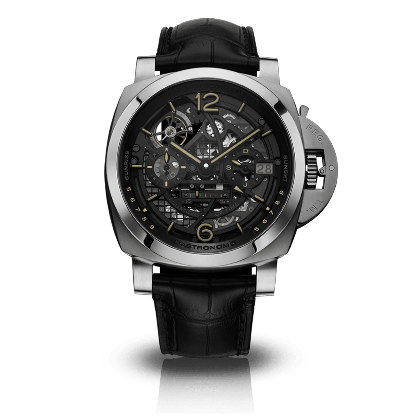 Panerai Luminor Tourbillon Moon Phases Equation of time GMT Titanium 50 MM - Black Leather Strap - Black Skeleton Dial - PAM00920