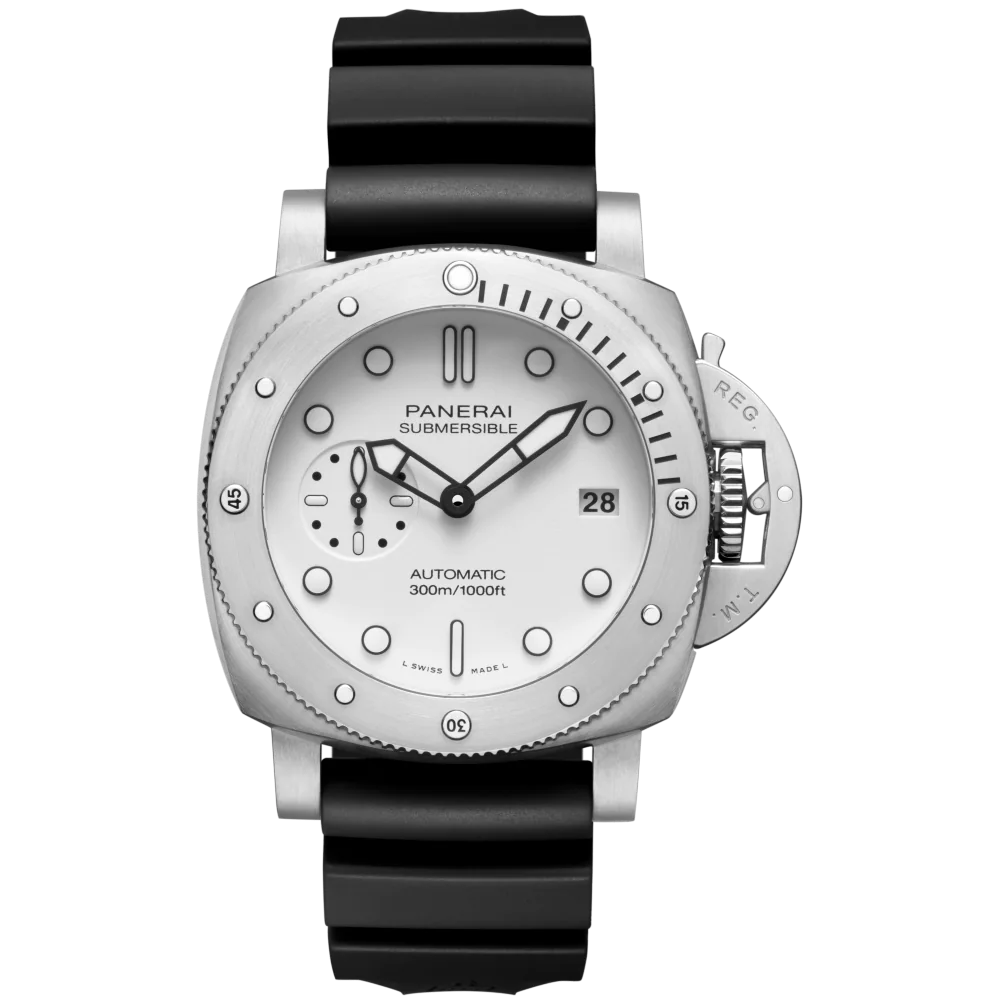 Panerai Submersible Bianco Stainless Steel 44 MM - Black Rubber Strap - White Dial - PAM02223