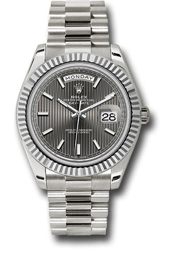 Rolex Presidential White Gold Day-Date 40MM - President Bracelet Watch - Dark Rhodium Stripe Motif Index Dial - 228239 rsmip