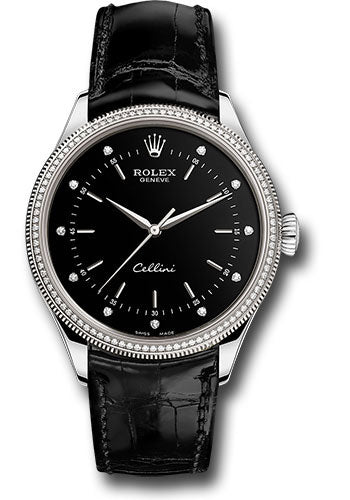 Rolex White Gold Cellini Date Watch - 39 MM - Leather Strap - Black Dial - 50609RBR bkdbk