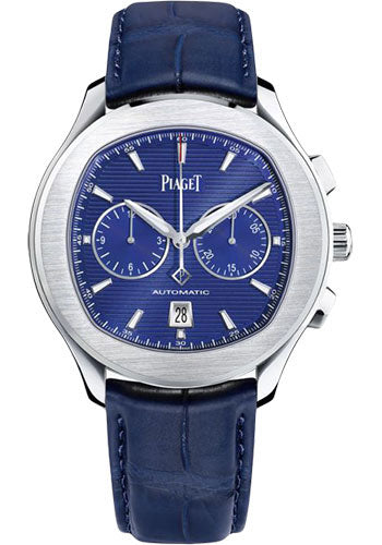 Piaget Polo Chronograph - Stainless Steel 42 MM - Blue Leather Strap - Blue Dial - Stainless Steel Bezel - G0A43002