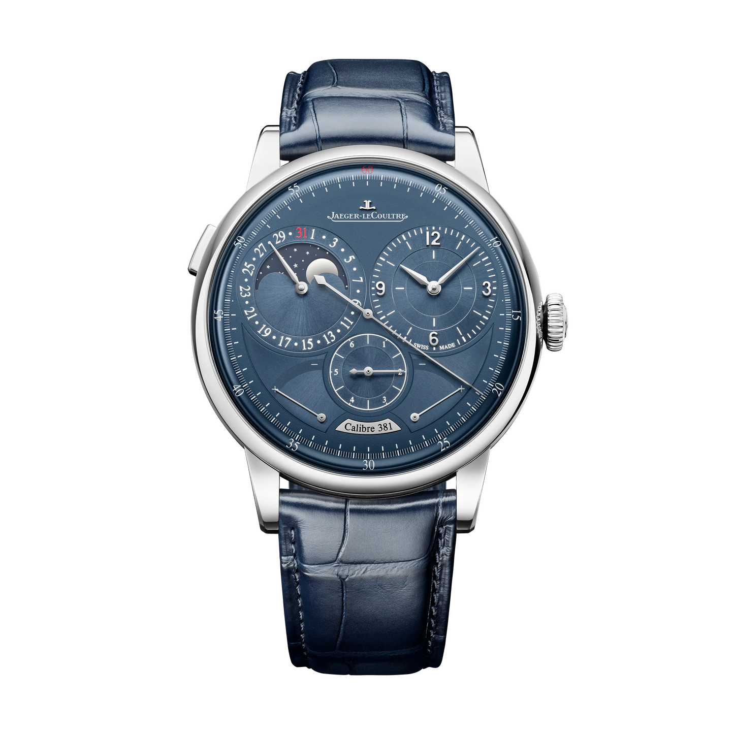 JLC - Duometre Quantieme Lunaire - 42.5 MM - Stainless Steel - Blue Dial - Blue Leather Strap - Q604848J