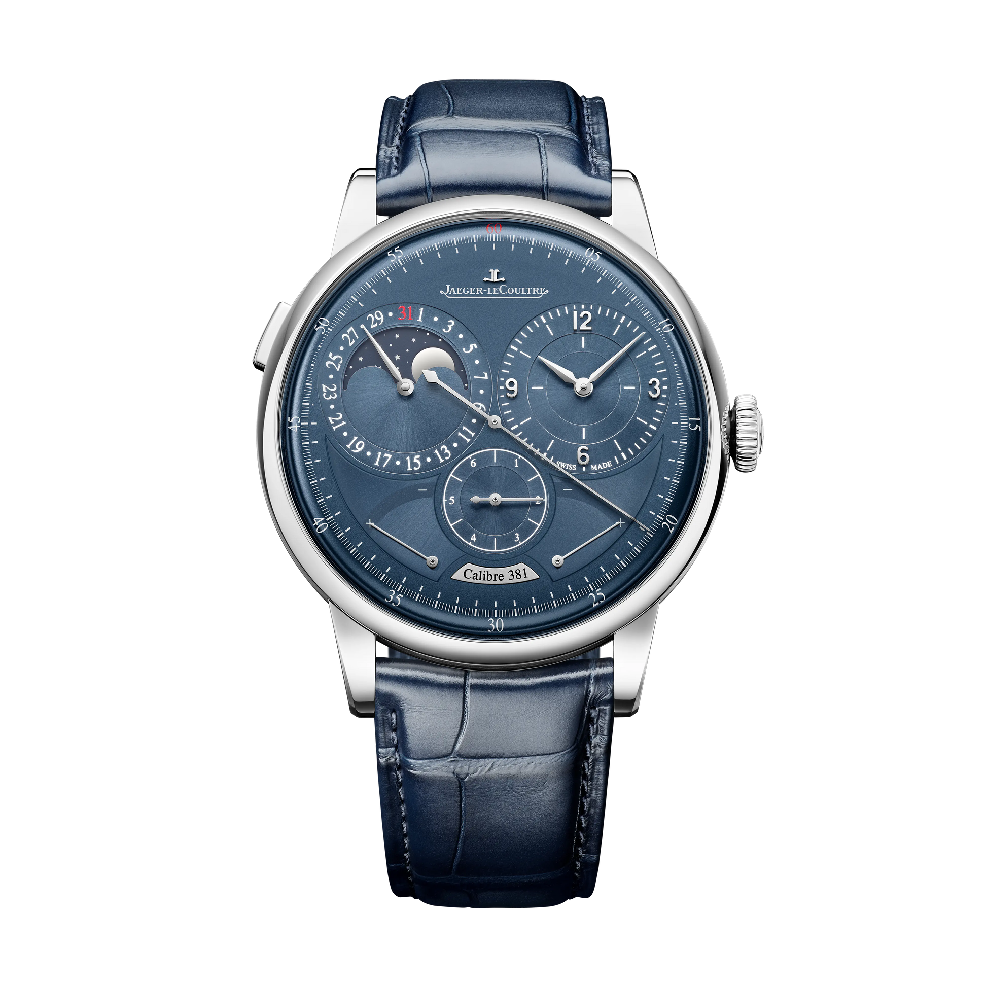 JLC - Duometre Quantieme Lunaire - 42.5 MM - Stainless Steel - Blue Dial - Blue Leather Strap - Q604848J