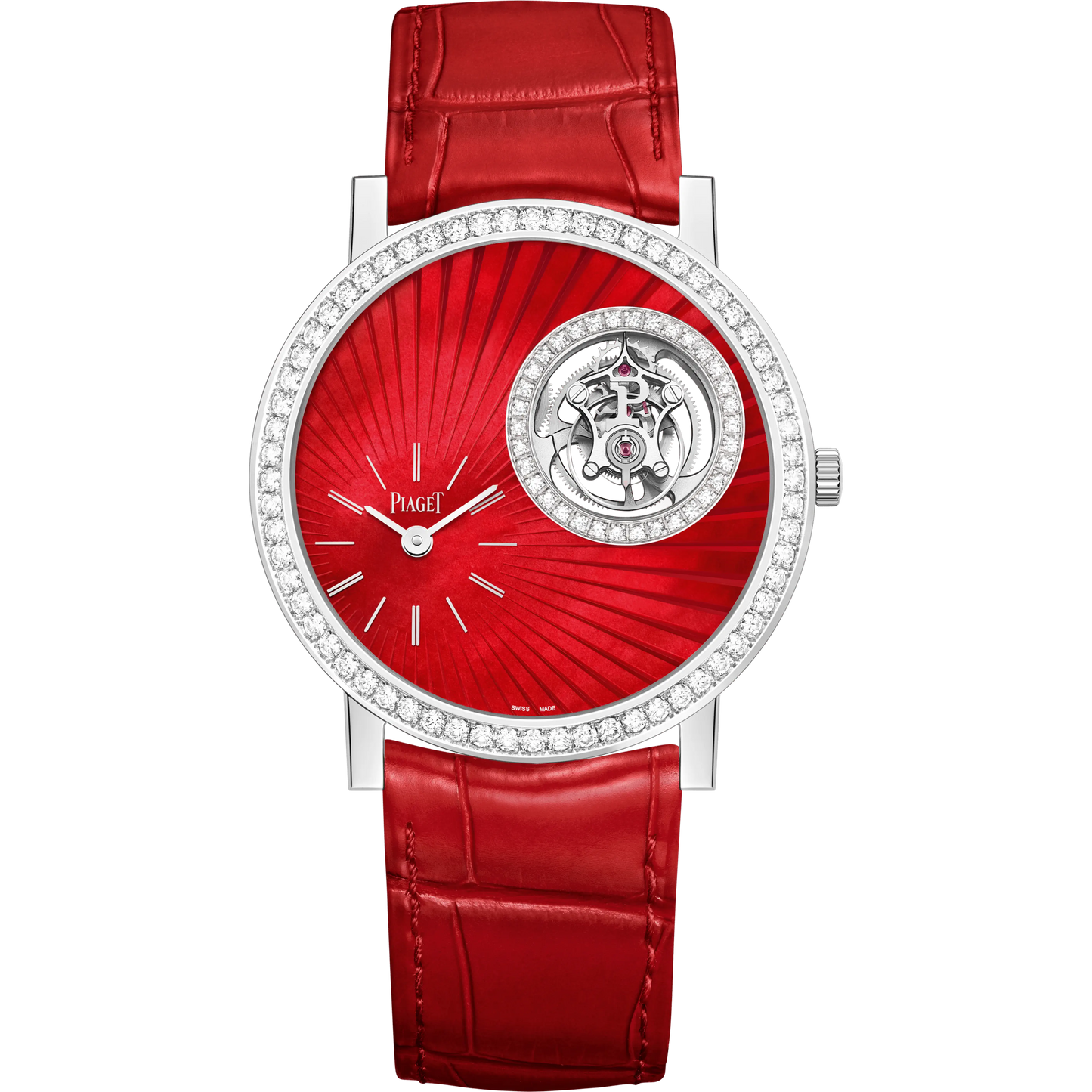 Piaget Altiplano - White Gold 38 MM - Red Leather Strap - Diamond Bezel - Guilloché Red Mother-of-Pearl Dial - G0A45033