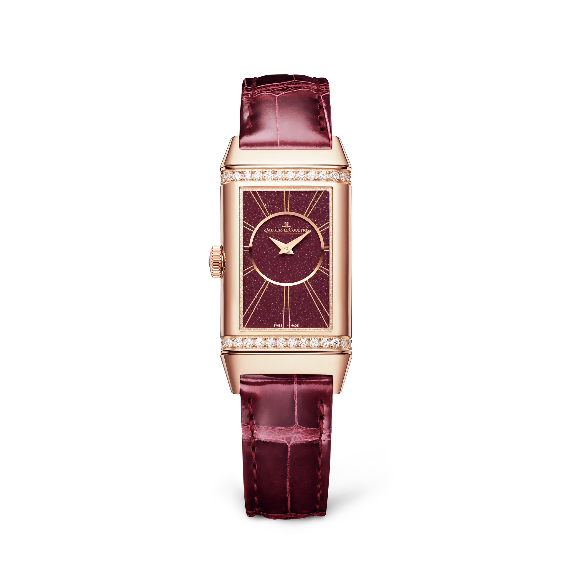JLC - Reverso One Duetto - 40.1 MM x 20 MM - Pink Gold - Silvered-Gray/Burgundy Dial - Diamond-Set Case - Burgundy Leather Strap - Q334256J