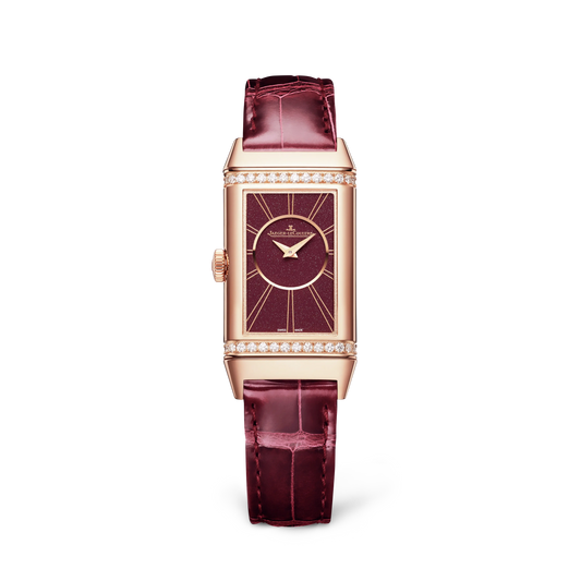 JLC - Reverso One Duetto - 40.1 MM x 20 MM - Pink Gold - Silvered-Gray/Burgundy Dial - Diamond-Set Case - Burgundy Leather Strap - Q334256J