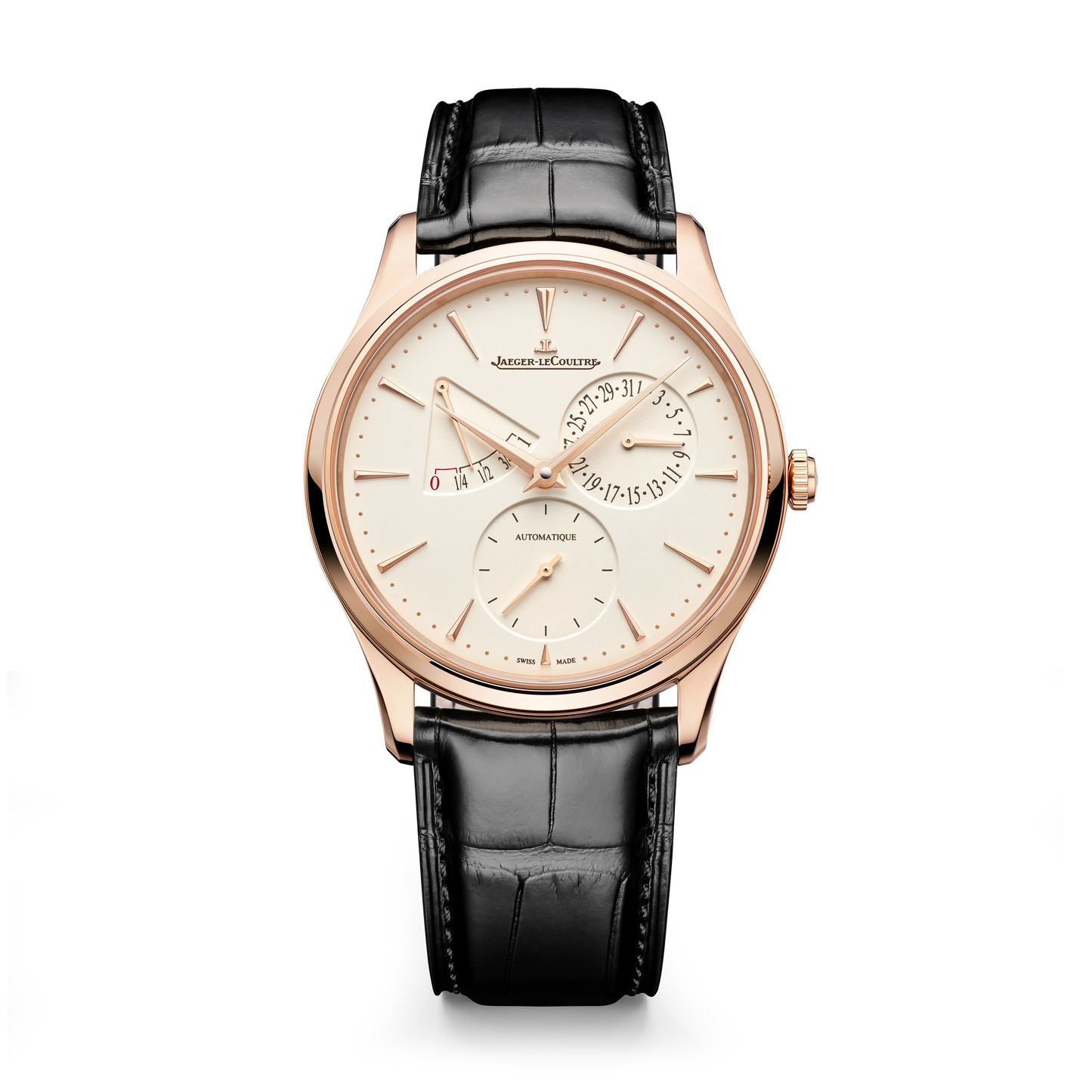 JLC - Master Ultra Thin Power Reserve - 39 MM - Pink Gold - Eggshell Beige Dial - Black Leather Strap - Q1372510