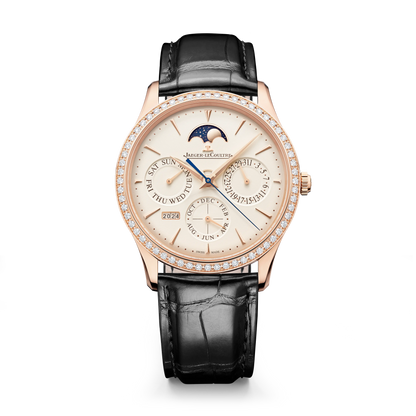 JLC - Master Ultra Thin Perpetual Calendar - 39 MM - Pink Gold - Eggshell Beige Dial - Diamond Bezel - Black Leather Strap - Q1142501