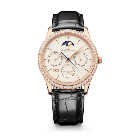 JLC - Master Ultra Thin Perpetual Calendar - 39 MM - Pink Gold - Eggshell Beige Dial - Diamond Bezel - Black Leather Strap - Q1142501