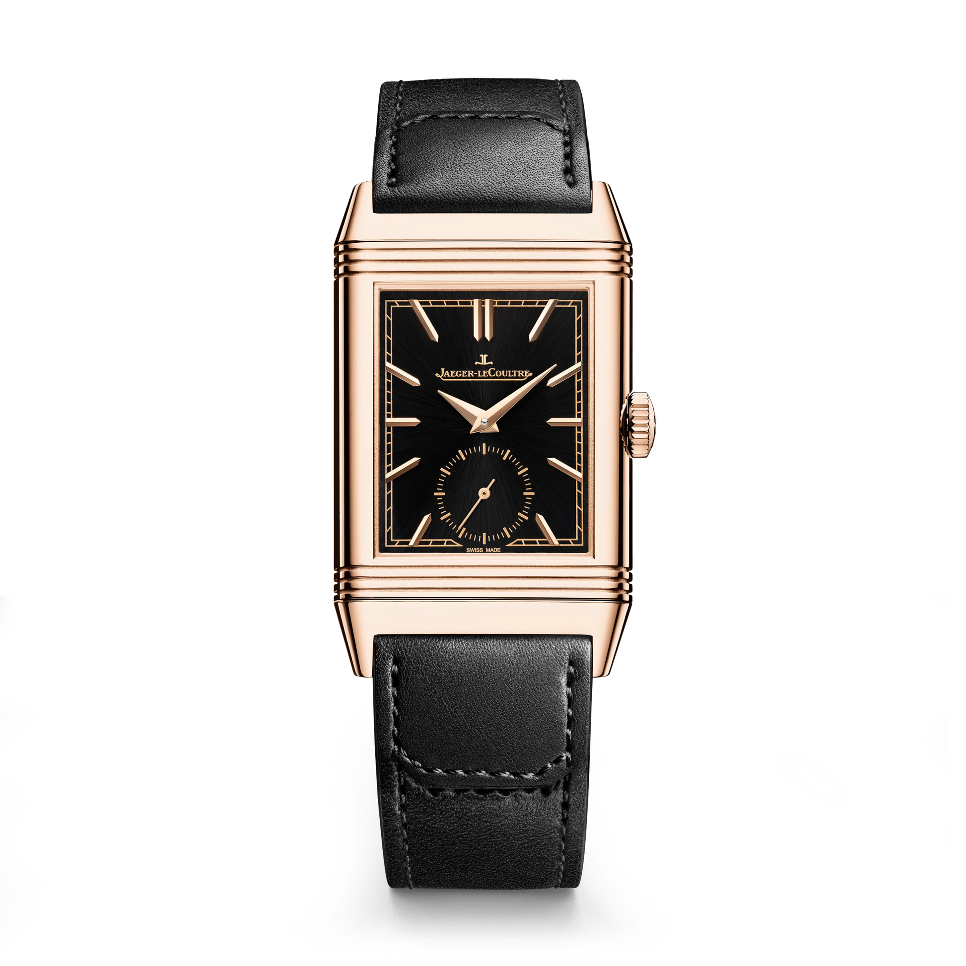 JLC - Reverso Tribute Monoface Small Seconds - 45.6 MM x 27.4 MM - Pink Gold - Black Dial - Black Leather/Canvas Strap - Q713257J