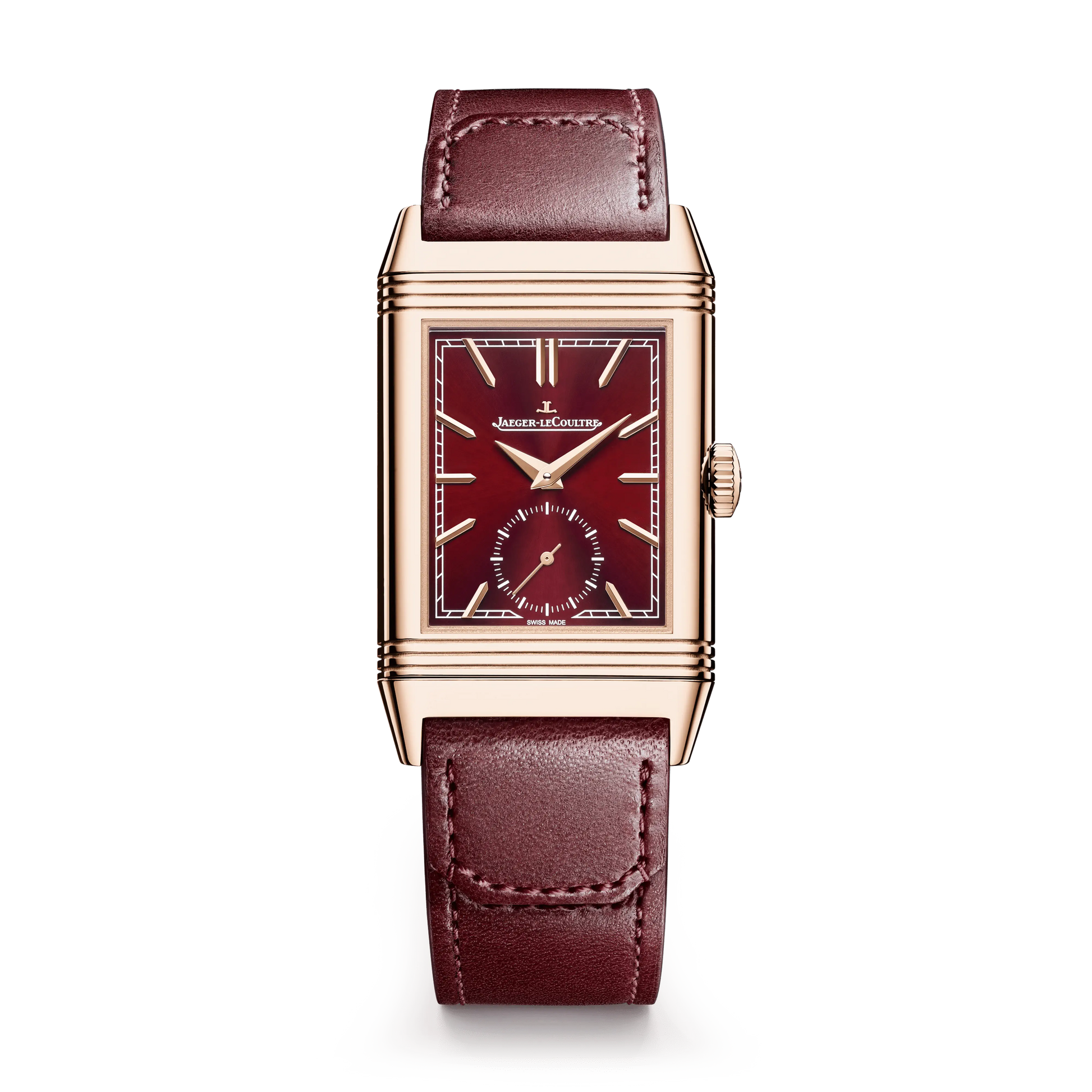 JLC - Reverso Tribute Monoface Small Seconds - 45.6 MM x 27.4 MM - Pink Gold - Burgundy Dial - Burgundy Leather/Canvas Strap - Q713256J