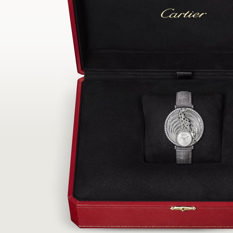 Cartier Panthére De Cartier White Gold 35 MM - Shiny Gray Alligator Strap - Diamond Bezel - Silvered Sunray Effect Dial - HPI01014