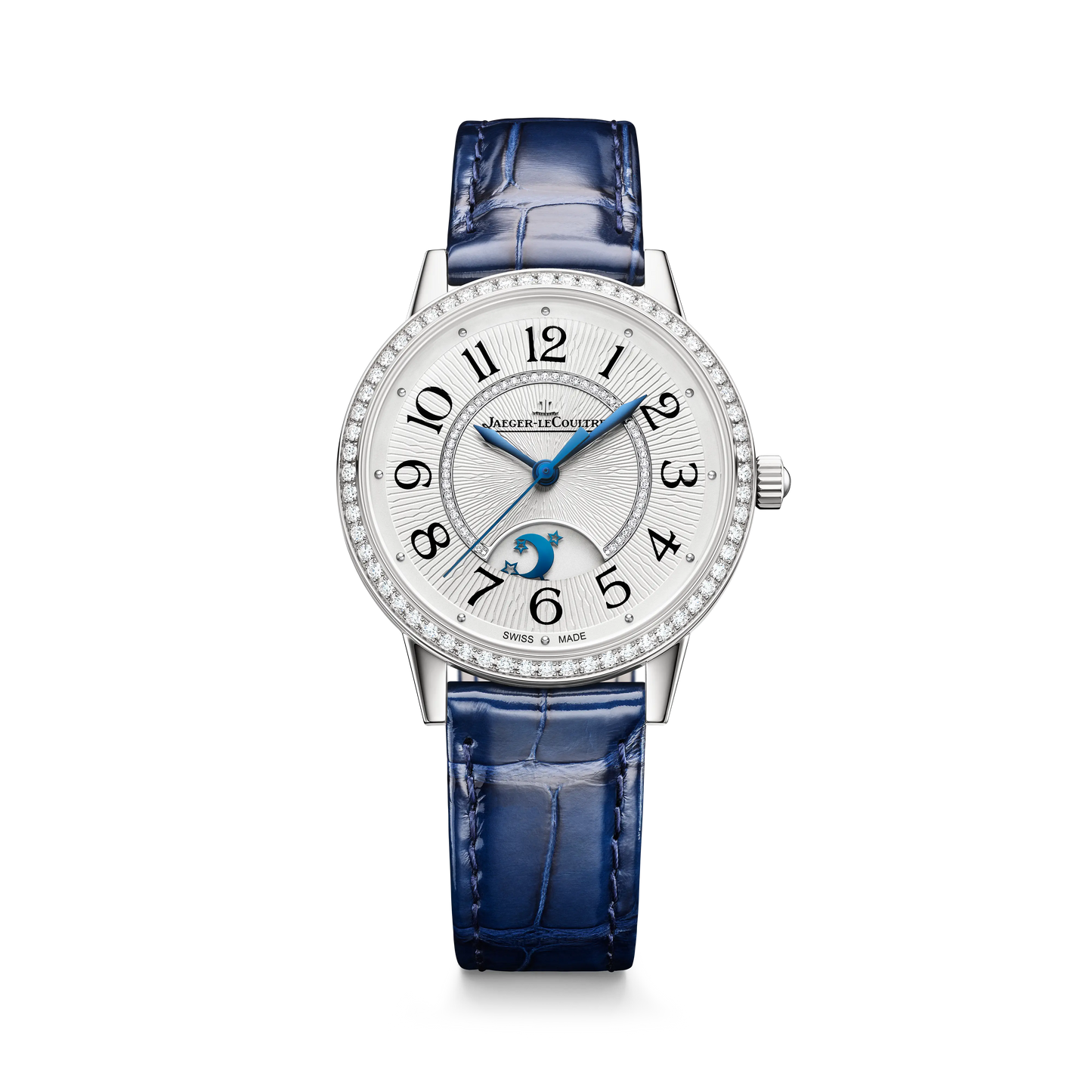 JLC - Rendez-Vous Classic Night & Day - 34 MM - Stainless Steel - Silvered-Gray Guilloché Diamond Dial - Diamond Bezel - Blue Leather Strap - Q3448431