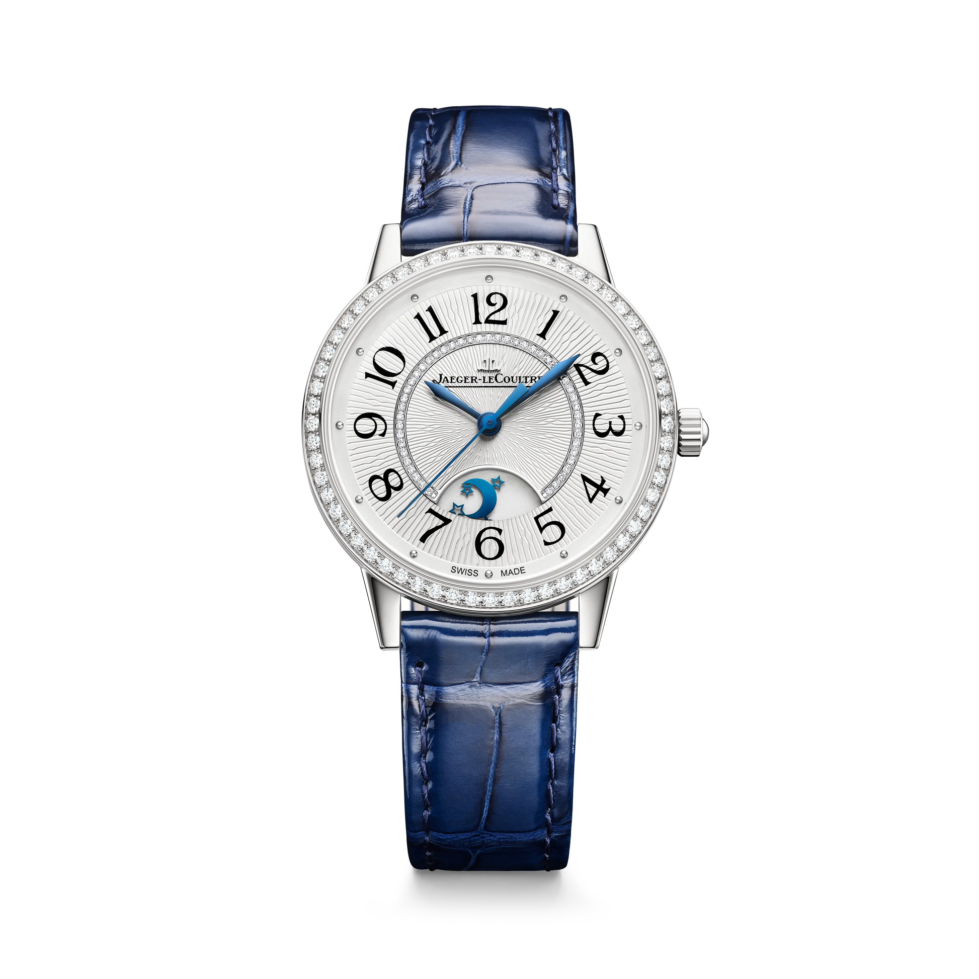 JLC - Rendez-Vous Classic Night & Day - 34 MM - Stainless Steel - Silvered-Gray Guilloché Diamond Dial - Diamond Bezel - Blue Leather Strap - Q3448431