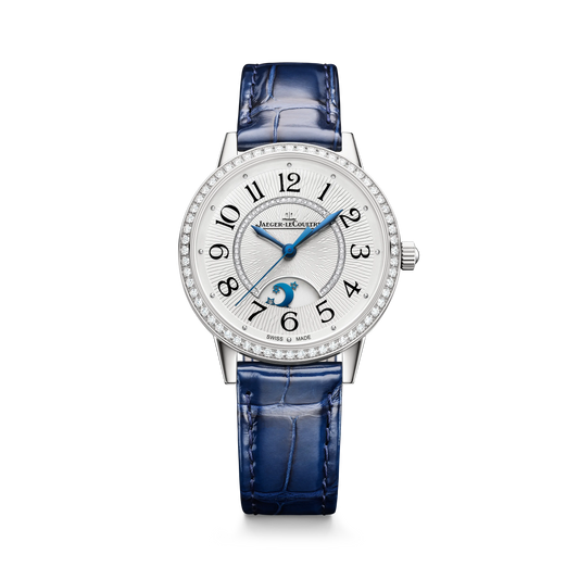JLC - Rendez-Vous Classic Night & Day - 34 MM - Stainless Steel - Silvered-Gray Guilloché Diamond Dial - Diamond Bezel - Blue Leather Strap - Q3448431