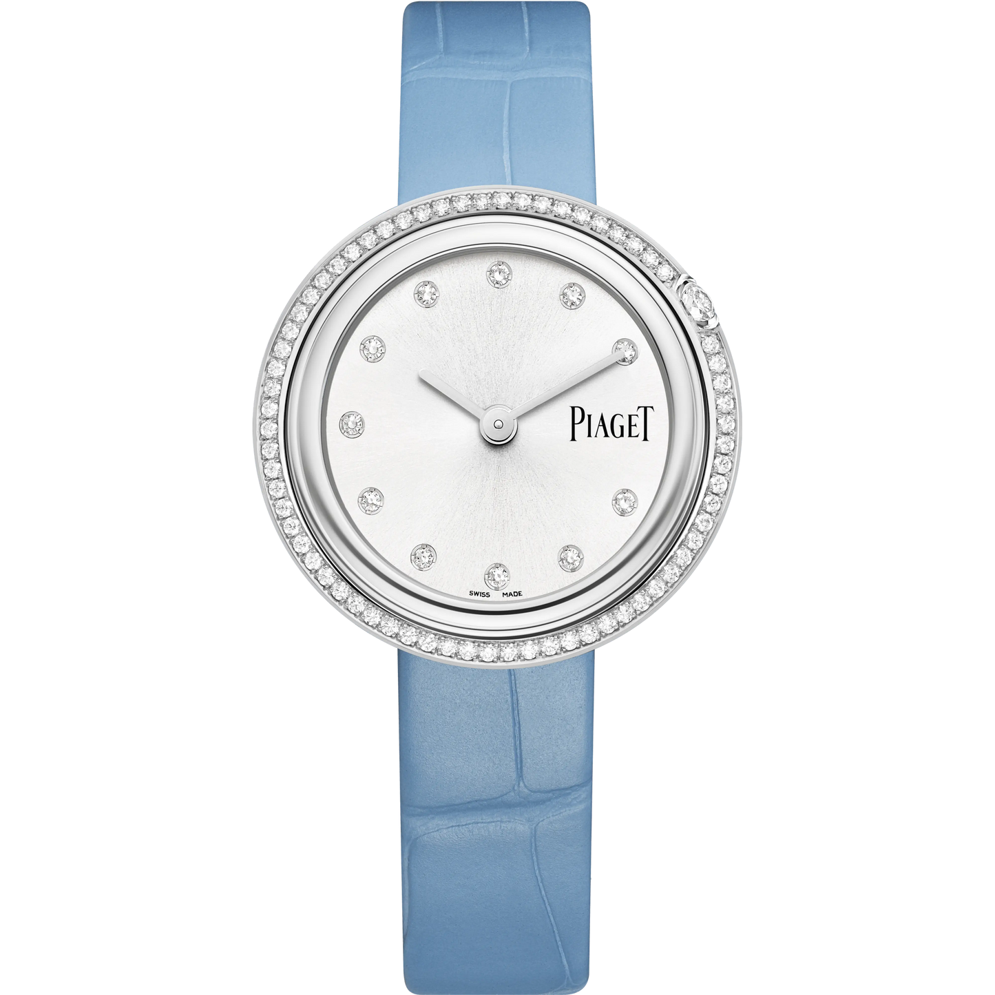 Piaget Possession - Stainless Steel 34 MM - Light Blue Leather Strap - Diamond Bezel - Silver Diamond Dial - G0A48090