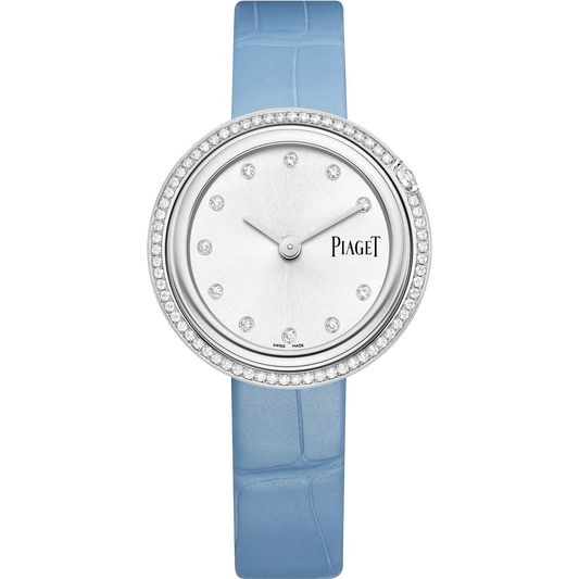 Piaget Possession - Stainless Steel 34 MM - Light Blue Leather Strap - Diamond Bezel - Silver Diamond Dial - G0A48090