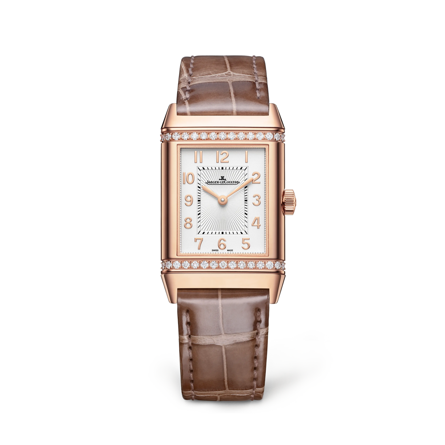 JLC - Reverso Classic Duetto - 40 MM x 24.4 MM - Pink Gold - Silvered-Gray/Black Dial - Diamond-Set Case - Brown Leather Strap - Q2572570