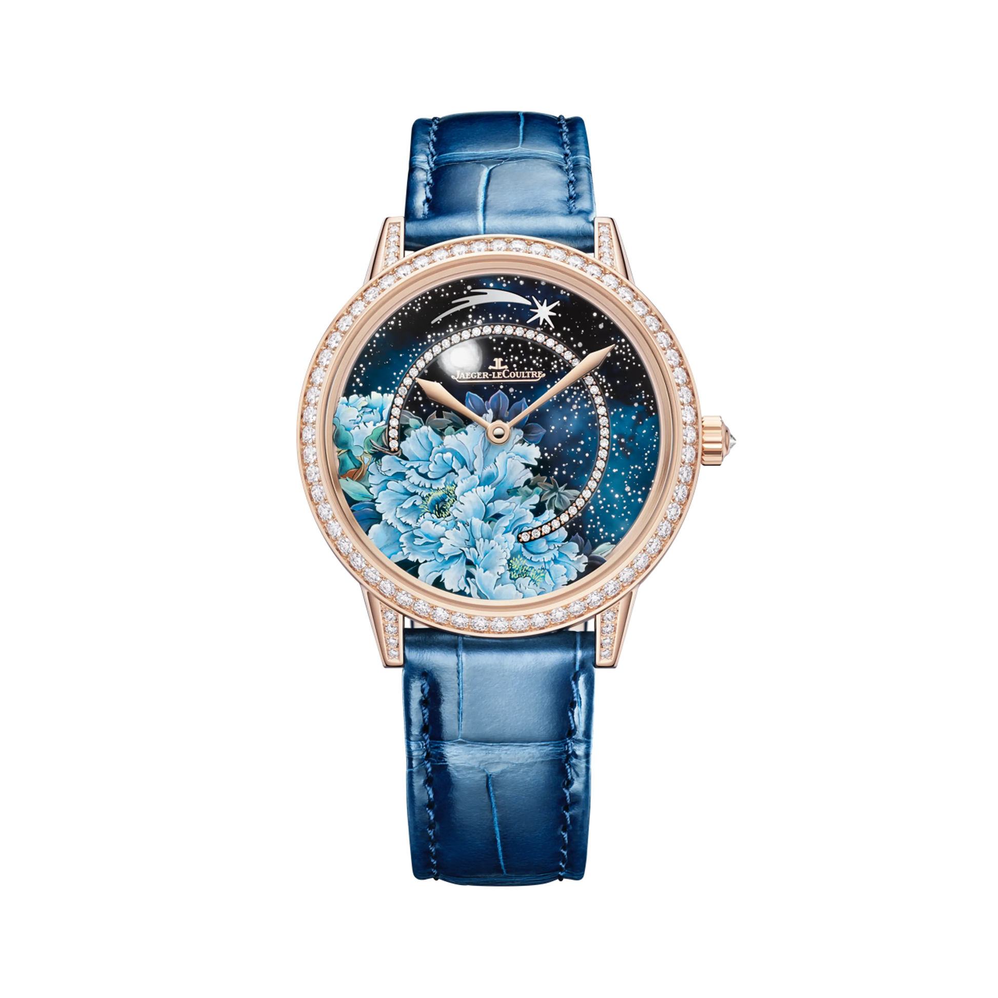 JLC - Rendez-Vous Jewellery Shooting Star - Limited Edition - 36 MM - Pink Gold - Shooting Star Motif Dial - Diamond-Set Bezel - Blue Leather Strap - Q36424C2