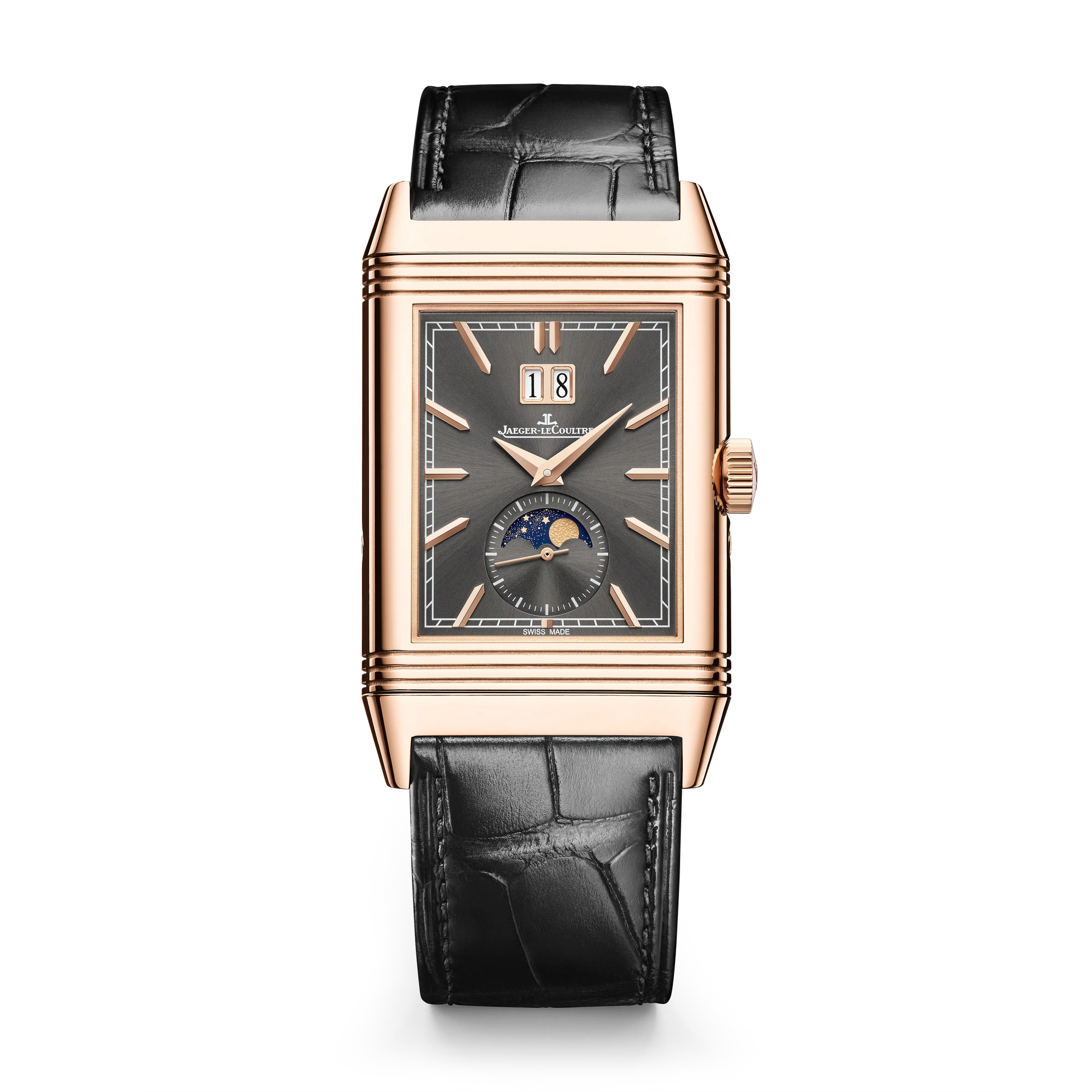 JLC - Reverso Tribute Nonantieme Enamel - Limited Edition - 49.4 MM x 29.9 MM - Pink Gold - Charcoal Gray/Blue Enamel Dial - Black Leather Strap - Q71125E1